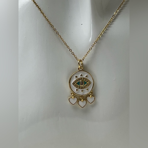 White & Gold Boho Chic Evil Eye Necklace - Delicate Cute Trendy Gold Necklace - Picture 2 of 7